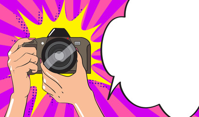Human hands with photo camera in comic book style. Vector illustration. © sergeygerasimov