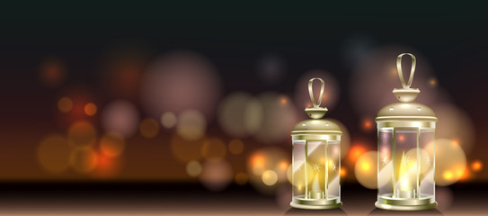 New year poster with lantern and glowing light effect. Vector illustration.
