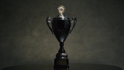First place championship trophy or silver cup concept for winning and success. Cup for a victory in the judo championship. Cup for sporting achievement