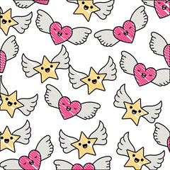 cute hearts love and stars with wings kawaii pattern vector illustration design
