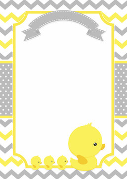 baby shower invitation with cute duck mom and baby ducks on chevron pattern and polka dots background