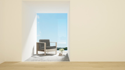 Living room and sea view on sunshine day in apartment or hotel - Interior simple design - 3D Rendering