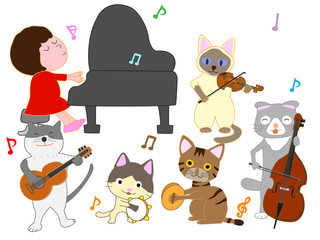 猫のコンサート。猫が楽器を演奏している。