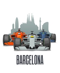 Grand Prix Barcelona cityline, Spain. Three racing cars. Vector flat