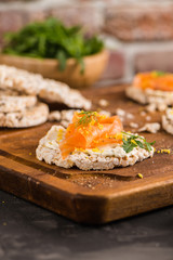 Smoked salmon on rice bread toasts