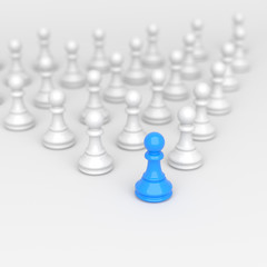 Leadership concept, blue pawn of chess, standing out from the crowd of white pawns, on white background. 3D rendering.