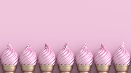 Pink ice cream in golden cup with pink wall background. 3D Rendering.