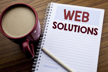 Hand writing text caption inspiration showing Web Solutions. Business concept for Internet Design...