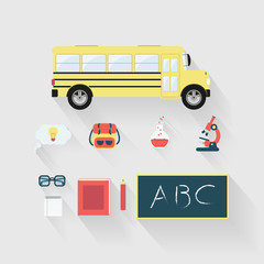Set of education object with long shadow. School bus, creative thinking, microscope, schoolbag, erlenmeyer, glasses, notebook, book, pencil, blackboard with alphabet