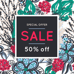 Sale. Floral pattern. Hand drawn flowers. Discount. Shopping. Commerce. Colorful background with blossom. Abstract herb. Springtime. Flyer, advertising, banner, signboard, poster. Vector, eps10