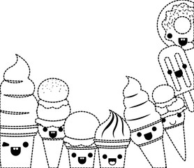 delicious ice cream group and donut kawaii characters vector illustration design