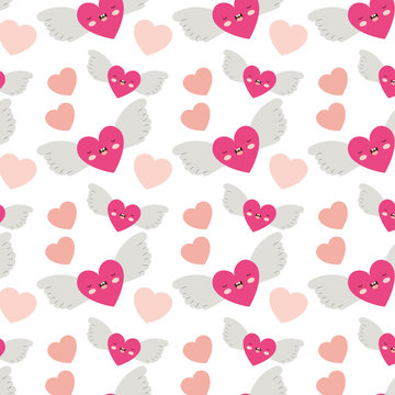 cute heart love with wings kawaii pattern vector illustration design