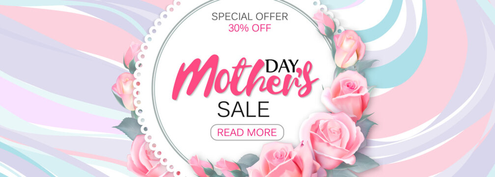 Template design sale banner for happy mother's day. Horizontal poster for special mother's day sale with marble beckground and flower decoration. Vector.