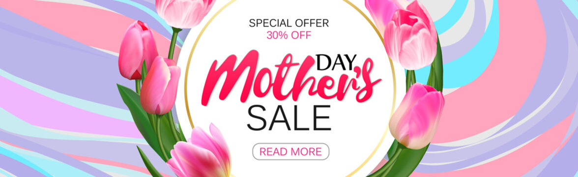 Template design sale banner for happy mother's day. Horizontal poster for special mother's day sale with marble beckground and flower decoration. Vector.