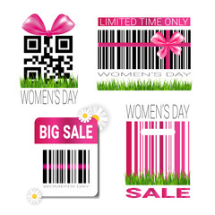 Discount Woman Day Badges Set Template Sale Seal Promotion Stickers With Bar Code Vector Illustration