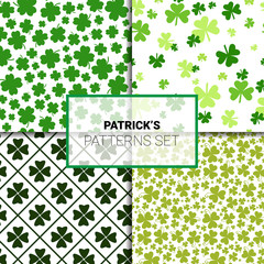Shamrock Seamless Patterns Set Creative Clover Background For Saint Patricks Day Holiday Vector Illustration