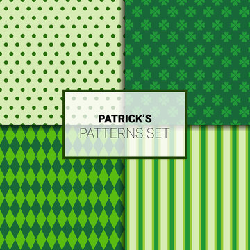 Set of Beautiful Green Backgrounds For St. Patricks Day Seamless Patterns With Shamrock Leaves Vector Illustration