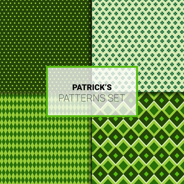 Happy St. Patricks Day Seamless Patterns Set Green Ornaments Background Vector Illustration