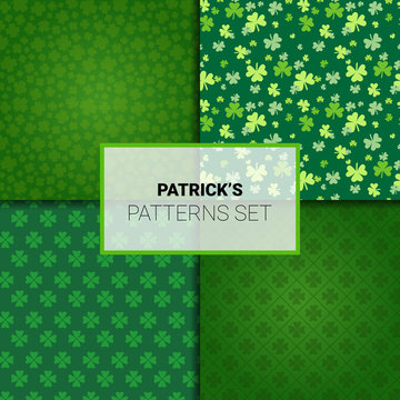Set Of Patterns For Saint Patricks Day Holiday Seamless Backgrounds With Shamrock Leaves Vector Illustration