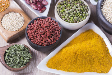 Different super foods organized as a collection on the table