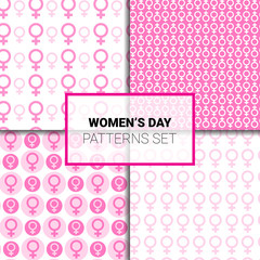 Women Day Seamless Patterns Set With Pink Female Symbols On White Background Vector Illustration