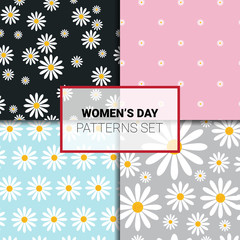 Seamless Patterns Set With Chamomile Flowers On Colorful Background Beautiful Floral Ornament For International Women Day Vector Illustration