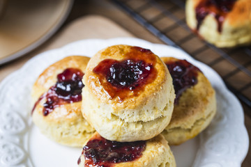 English scones with cream and strawberry jam