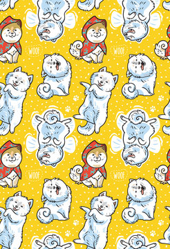 Seamless pattern with cartoon funny samoyed dogs on yellow background. Cute cartoon puppies vector background