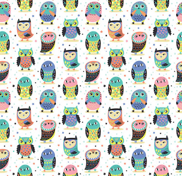 Cute cartoon decorative owls seamless pattern. Vector illustration