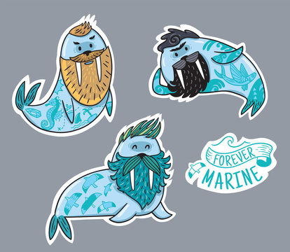 Animals patch collection of hipster walruses with beards and tattoos in cartoon style. Vector fun stickers