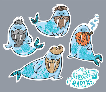 Animals patch collection of hipster walruses with beards and tattoos in cartoon style. Vector fun stickers