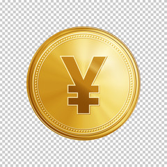 Gold yuan coin. Circle coin with yuan symbol isolated on transparent background. Means of payment, global currency, world economics, finances and investment concept. Realistic vector illustration. - obrazy, fototapety, plakaty