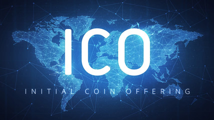 ICO initial coin offering futuristic hud background with world map and blockchain polygon peer to peer network. Global cryptocurrency ICO coin sale event - blockchain business banner concept.