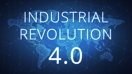 Fourth industrial revolution on futuristic hud background with world map and blockchain polygon peer to peer network. Industrial revolution and global cryptocurrency blockchain business banner concept