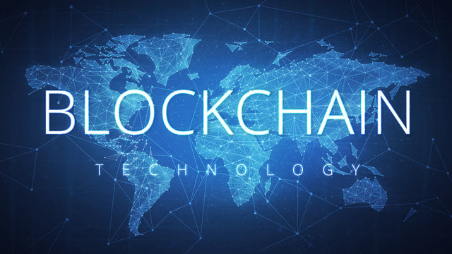 Blockchain technology wording on futuristic hud background with polygon world map and blockchain peer to peer network. Network, e-business and global cryptocurrency blockchain business banner concept.