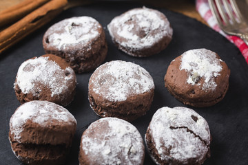 Scone chocolate chip with crumb on wood table