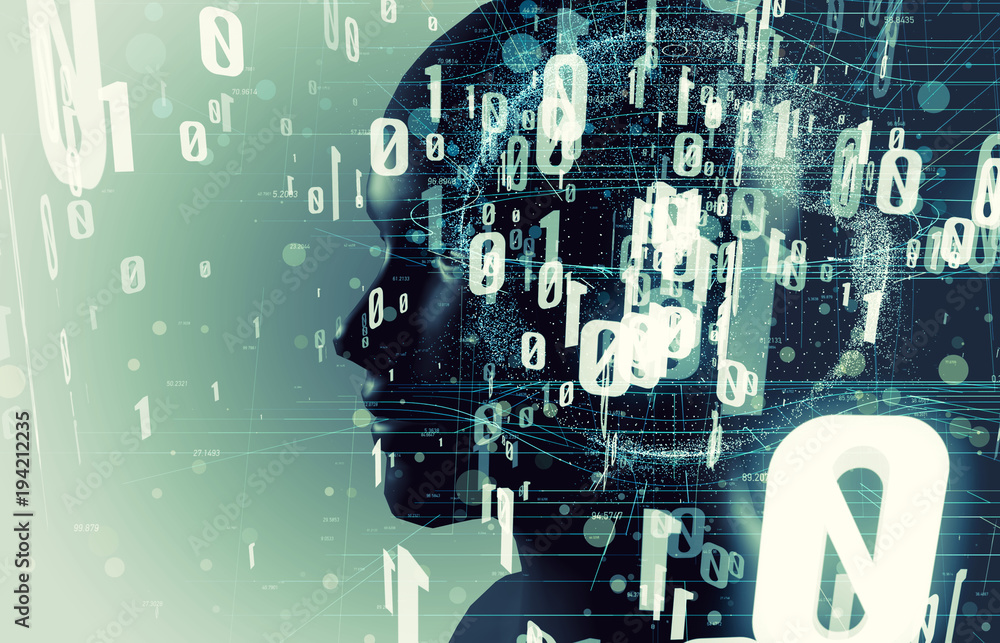 Poster ai(artificial intelligence) concept. human head and digital proccessing.