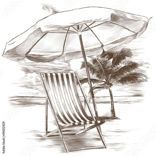 Beach Sunbeds And Sun Umbrella On Sandy Background Palm Beach Sunbeds And Sun Umbrella On Sandy Background Palm Trees Sketch Vector Graphics Monochrome