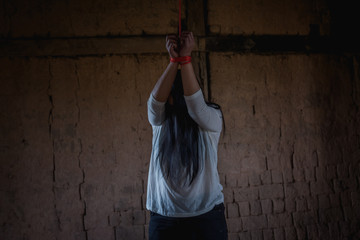 Stop violence,Depressive woman incidental rope in old disturbed room