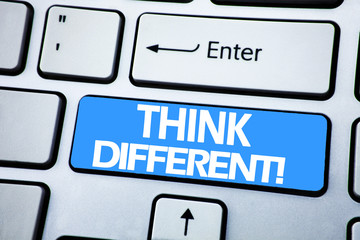 Handwriting Announcement text showing Think Different. Business concept for Outside Box Creative written on red key on the keybord background.