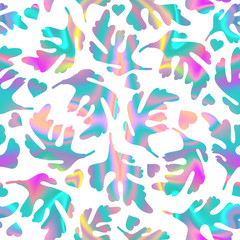 Cool illustration with holographic leaf. Creative gradient seamless pattern. Modern background in 80s 90s pop art style. Abstract vector background