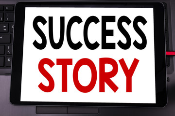 Conceptual hand writing text caption inspiration showing Success Story. Business concept for Inspiration Motivation written on tablet laptop on the black keyboard background.