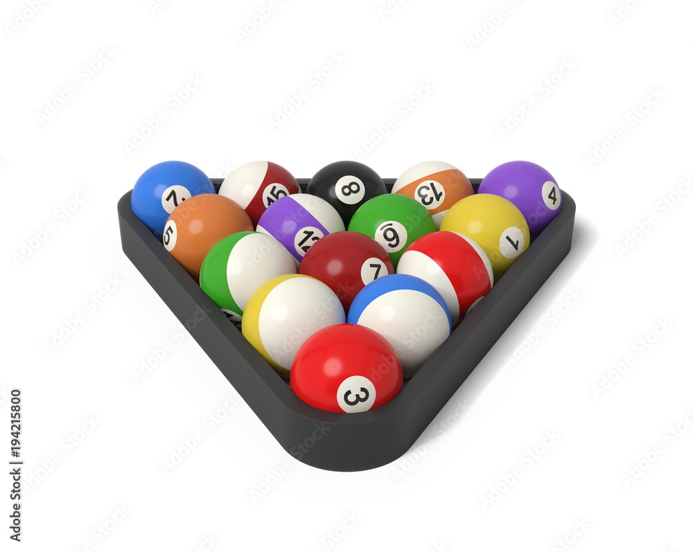 Poster 3d rendering of many billiard balls with colorful stripes and numbers inside a rack.
