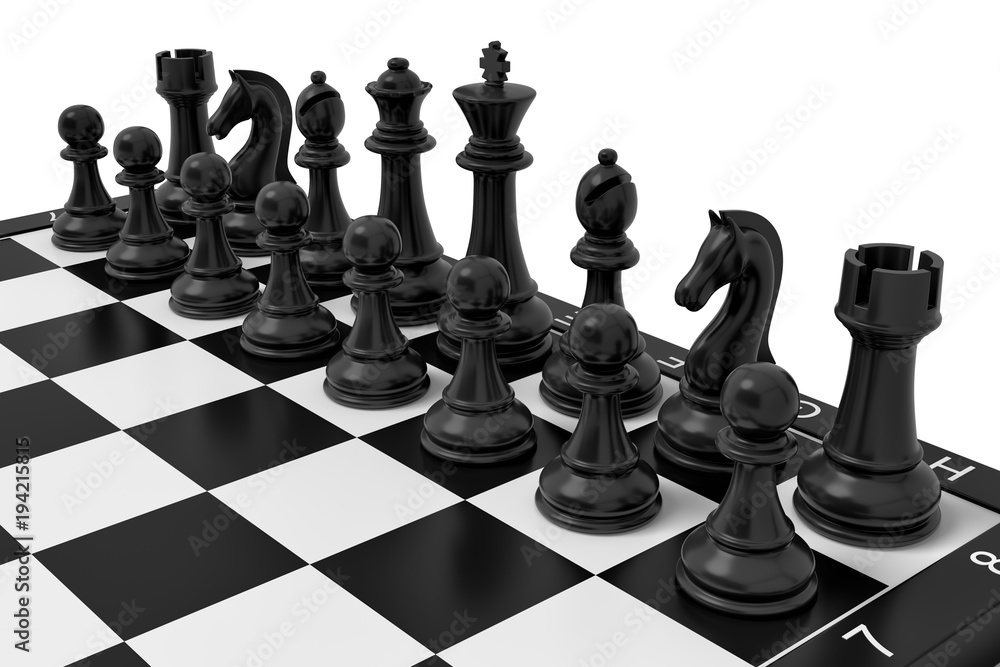 Poster 3d rendering of a full set of the black chess units standing in their starting positions.