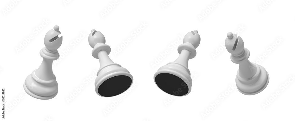 Poster 3d rendering of a white chess bishop piece flying in four different angled views on a white backgrou