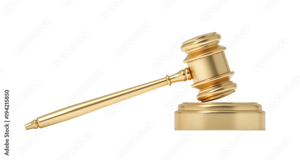 Aufkleber 3d rendering of an isolated judge gavel resting on a sound block on a white background.