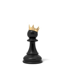 3d rendering of a black chess pawn piece with a golden crown sitting on top of it.