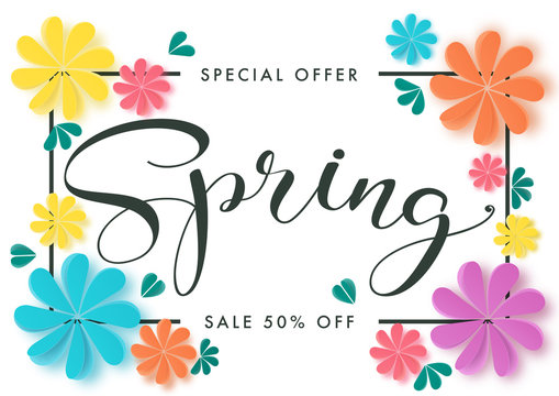 Illustration of Spring sale banner design with paper art of flower and butterfly.Vector eps 10.