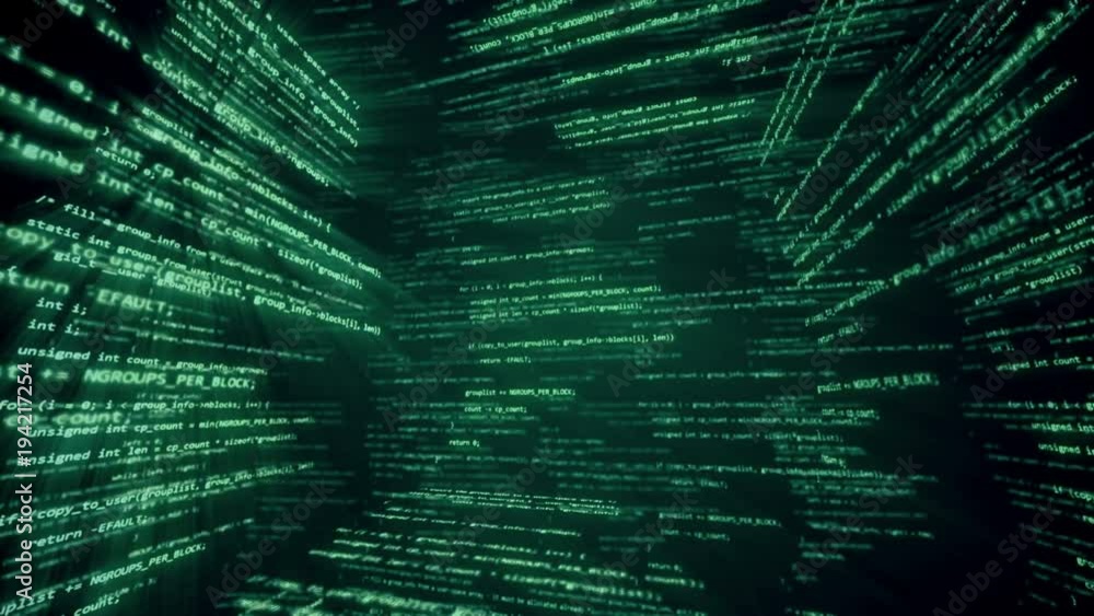 Poster virtual space with running code in the form of cubes