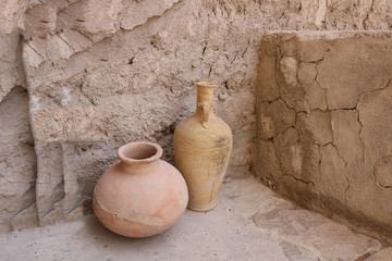 Clay jugs. Eastern pottery. Traditional ceramic ware. Dubai.